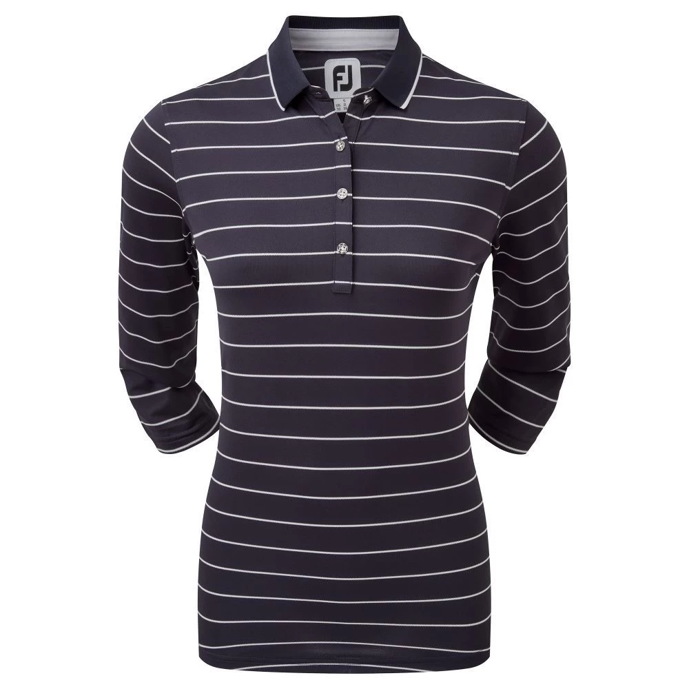 FootJoy Ladies 3/4 Sleeve Pinstripe Pique Golf Polo Shirt 1 FootJoy Ladies 3/4 Sleeve Pinstripe Pique Golf Polo Shirt